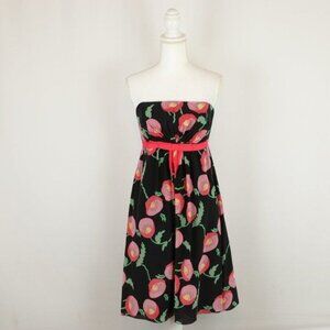 Anna Sui Papaver Women's Size 6 Black Pink Floral 100% Silk Strapless Dress